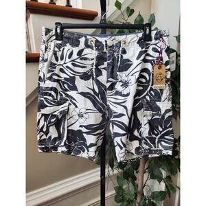 3RD & Army Men's Black Floral Polyester Pull On Pockets Swimwear Shorts Size 36